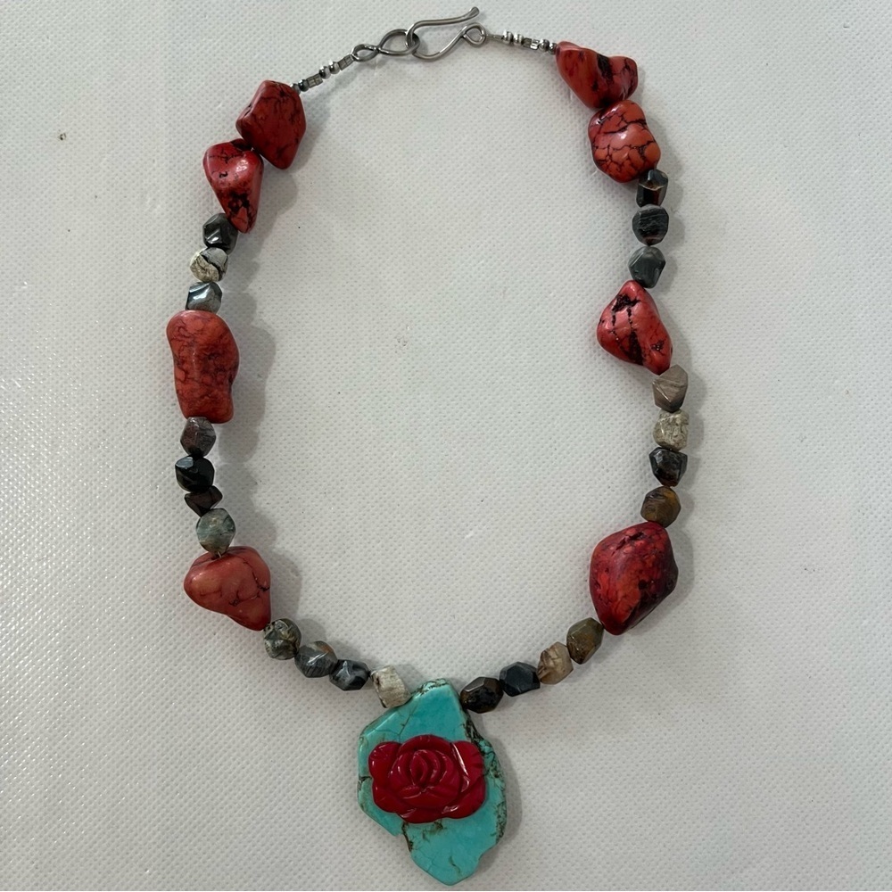 Vintage 925 Sterling Turquoise & Coral Chunky Necklace